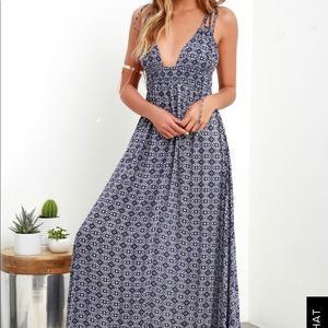 Blue and white patterned maxi dress